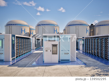Group of energy storage systems or battery container units with hydrogen tanks 139502295