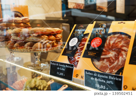 Iberian Ham Sandwiches and Spanish Deli Display in Spain Iberian Ham Sandwiches and Spanish Deli Display in Spain 139502451