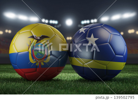 Two soccer balls in flags colors on a stadium blurred background. Ecuador and Curacao. 3D image. Two soccer balls in flags colors on a stadium blurred background. Ecuador and Curacao. 3D image. 139502795