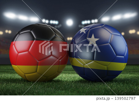 Two soccer balls in flags colors on a stadium blurred background. Germany and Curacao. 3D image. Two soccer balls in flags colors on a stadium blurred background. Germany and Curacao. 3D image. 139502797