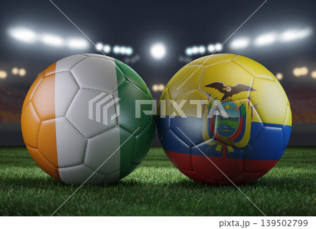 Two soccer balls in flags colors on a stadium blurred background. Ivory Coast vs Ecuador. 3D image. 139502799