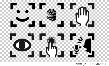 Biometric authentication icon set: Security elements for facial recognition, fingerprint recognition, and voice recognition. 139502934
