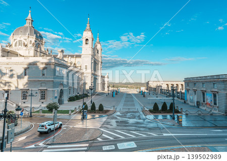 Almudena Cathedral Facade and Plaza in Madrid Spain Almudena Cathedral Facade and Plaza in Madrid Spain 139502989