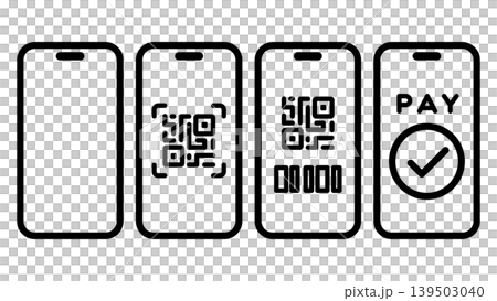 A set of vector illustrations of simple line art icons representing smartphone electronic payments. 139503040