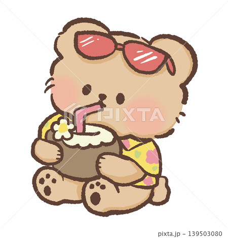 Cute tropical bear wearing sunglasses drinking coconut juice summer beach vacation kawaii clipart illustration 139503080