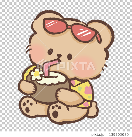 Cute tropical bear wearing sunglasses drinking coconut juice summer beach vacation kawaii clipart illustration 139503080