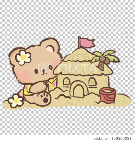Cute tropical bear beside sandy beach hut sandcastle with bucket palm tree kawaii summer illustration Cute tropical bear beside sandy beach hut sandcastle with bucket palm tree kawaii summer illustration 139503081
