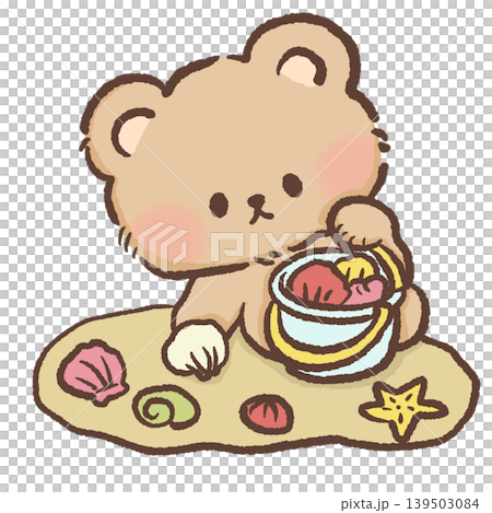 Cute kawaii bear collecting colorful seashells on sandy beach tropical summer animal clipart illustration Cute kawaii bear collecting colorful seashells on sandy beach tropical summer animal clipart illustration 139503084