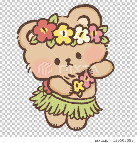Cute kawaii bear dancing hula wearing flower crown and grass skirt tropical luau summer illustration Cute kawaii bear dancing hula wearing flower crown and grass skirt tropical luau summer illustration 139503085