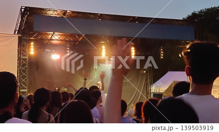 ステージを指さし盛り上がる夜のライブ会場 ステージを指さし盛り上がる夜のライブ会場 139503919