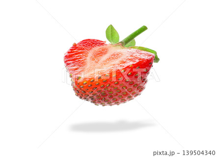 Strawberry in mid-air with green leaves attached, PNG Strawberry in mid-air with green leaves attached, PNG 139504340