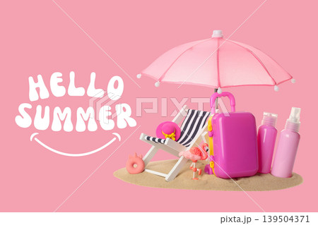 Beach chair with suitcase and summer items in bright colors 139504371