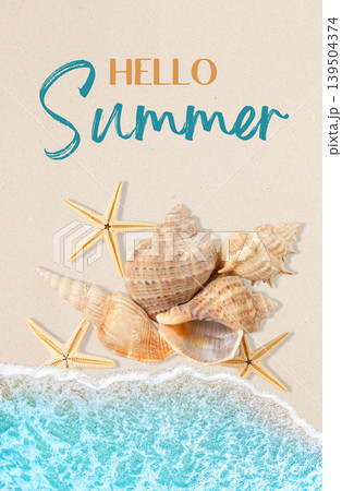 Seashells rest on sandy surface near ocean waves moving Seashells rest on sandy surface near ocean waves moving 139504374
