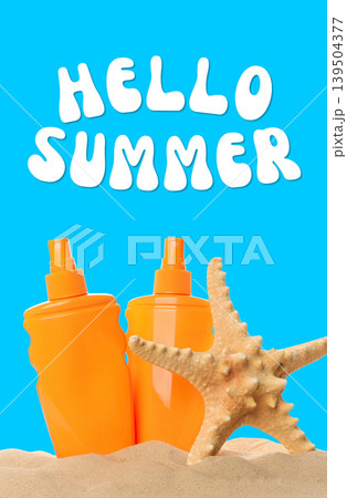 Orange sunblock and seashell near sand on a blue background 139504377