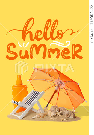 Beach chair and sunblock next to an umbrella on sand Beach chair and sunblock next to an umbrella on sand 139504378