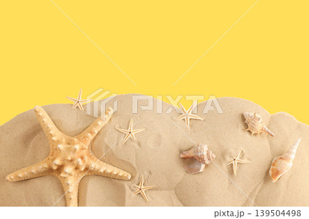 Colorful seashells and starfish on sandy surface Colorful seashells and starfish on sandy surface 139504498