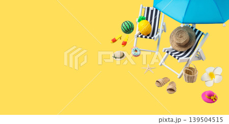 Two beach chairs with accessories and summer items around them 139504515