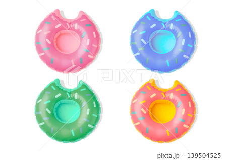 Four bright donut pool floats in vibrant colors, PNG 139504525