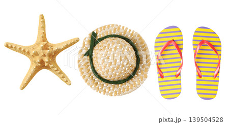Starfish, straw hat, and flip-flops for summer fun, PNG Starfish, straw hat, and flip-flops for summer fun, PNG 139504528