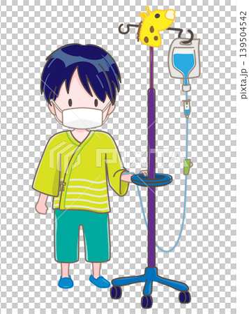 A child is standing with an IV drip in their left arm, facing forward, wearing a mask. A child is standing with an IV drip in their left arm, facing forward, wearing a mask. 139504542