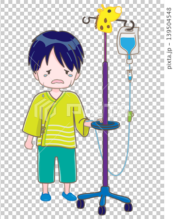 左腕に点滴をしながら立っている子供 泣いているイメージ 左腕に点滴をしながら立っている子供 泣いているイメージ 139504548