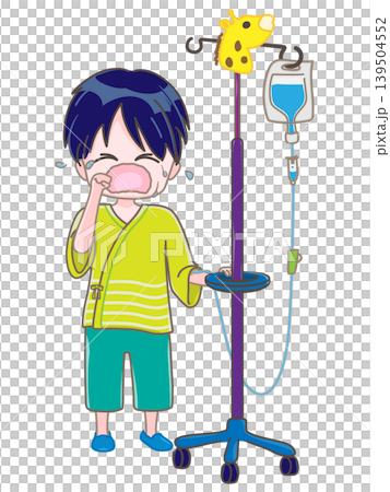 左腕に点滴をしながら立っている子供 大泣きして涙を拭っているイメージ 左腕に点滴をしながら立っている子供 大泣きして涙を拭っているイメージ 139504552