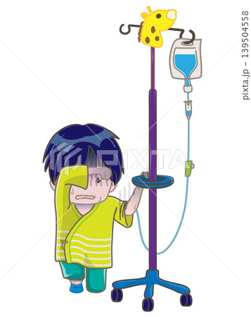 左腕に点滴をしながら膝をつく子供 体調が悪くなり、うずくまっているイメージ 左腕に点滴をしながら膝をつく子供 体調が悪くなり、うずくまっているイメージ 139504558