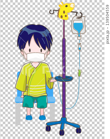 A child sitting in a chair with an IV drip in their left arm, facing forward, wearing a mask. 139504559