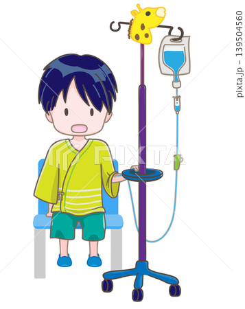 椅子に座って左腕に点滴をしている子供 おしゃべりしているイメージ 椅子に座って左腕に点滴をしている子供 おしゃべりしているイメージ 139504560