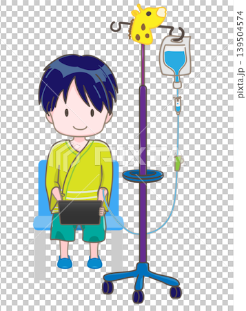 A child sitting in a chair with an IV drip in their left arm, holding a tablet and appearing to be enjoying themselves. A child sitting in a chair with an IV drip in their left arm, holding a tablet and appearing to be enjoying themselves. 139504574