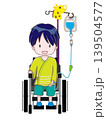 車椅子に座って左腕に点滴をしている子供　笑顔で話をしているイメージ 139504577