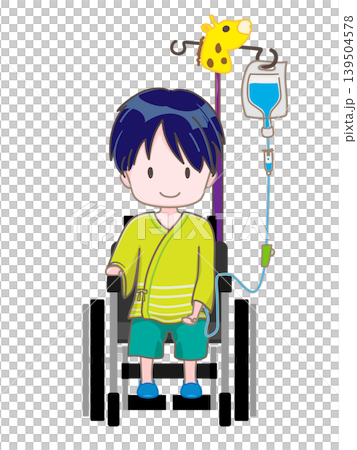 車椅子に座って左腕に点滴をしている子供　にっこりイメージ 139504578