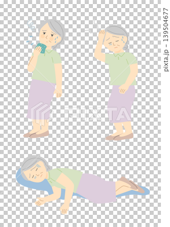 A set of illustrations depicting a senior woman suffering from heatstroke. 139504677