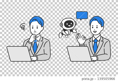 A set of vector illustrations of a business professional man solving problems with AI and chatbots. A set of vector illustrations of a business professional man solving problems with AI and chatbots. 139505966