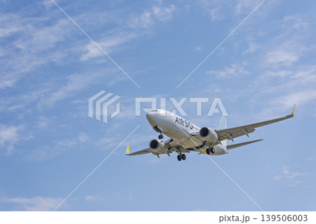 青空の仙台空港　着陸中の飛行機　宮城県名取市 139506003
