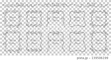 かわいいリボンのフレームのベクターイラストセット。線画、りぼん、飾り かわいいリボンのフレームのベクターイラストセット。線画、りぼん、飾り 139506199