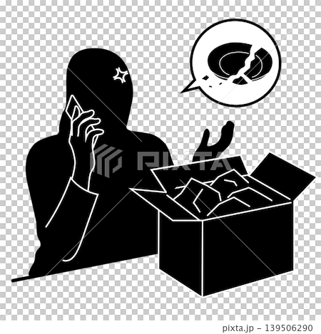 Silhouette of a woman who discovers damage to a delivered package and makes a complaint over the phone. Silhouette of a woman who discovers damage to a delivered package and makes a complaint over the phone. 139506290