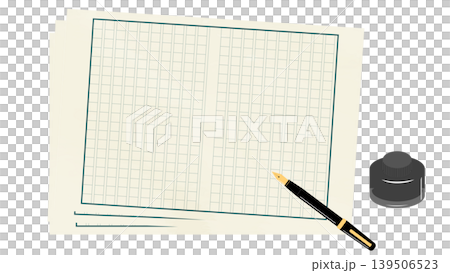 Illustration of manuscript paper, ink, and a fountain pen Illustration of manuscript paper, ink, and a fountain pen 139506523