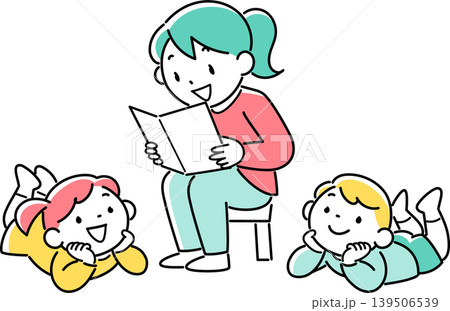 本の読み聞かせをする女性と聞き入る子供たち 本の読み聞かせをする女性と聞き入る子供たち 139506539