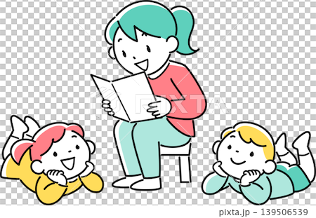 本の読み聞かせをする女性と聞き入る子供たち 本の読み聞かせをする女性と聞き入る子供たち 139506539