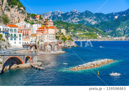Amalfi, Italy. Atrani cliff-hanging colored houses, Campania Amalfi, Italy. Atrani cliff-hanging colored houses, Campania 139506863