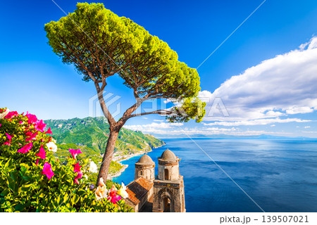 Ravello, Amalfi. Beautiful church, cypress trees and sweeping sea view, Campania - Italy. Ravello, Amalfi. Beautiful church, cypress trees and sweeping sea view, Campania - Italy. 139507021
