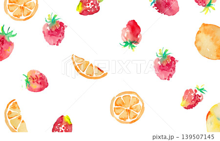 水彩画。水彩タッチのレモンと苺の夏背景。夏の水彩背景。ベクターイラスト。 水彩画。水彩タッチのレモンと苺の夏背景。夏の水彩背景。ベクターイラスト。 139507145
