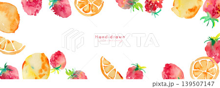 水彩画。水彩タッチのレモンと苺の夏背景。夏の水彩背景。ベクターイラスト。 水彩画。水彩タッチのレモンと苺の夏背景。夏の水彩背景。ベクターイラスト。 139507147