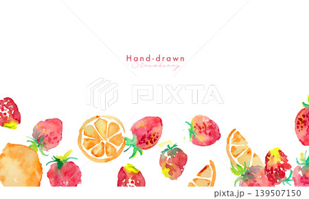 水彩画。水彩タッチのレモンと苺の夏背景。夏の水彩背景。ベクターイラスト。 水彩画。水彩タッチのレモンと苺の夏背景。夏の水彩背景。ベクターイラスト。 139507150