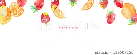 水彩画。水彩タッチのレモンと苺の夏背景。夏の水彩背景。ベクターイラスト。 水彩画。水彩タッチのレモンと苺の夏背景。夏の水彩背景。ベクターイラスト。 139507156