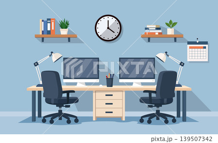 Modern Shared Home Office Workspace with Dual Desks and Computers Modern Shared Home Office Workspace with Dual Desks and Computers 139507342
