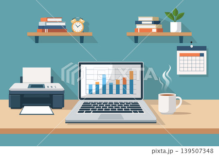 Home Office Desk with Laptop Showing Business Analytics Chart 139507348