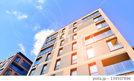Downtown modern residential architecture. Architectural details of modern apartment building. Modern european residential apartment building complex. 139507896