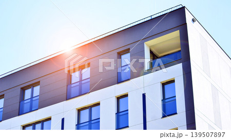 Downtown modern residential architecture. Architectural details of modern apartment building. Modern european residential apartment building complex. 139507897